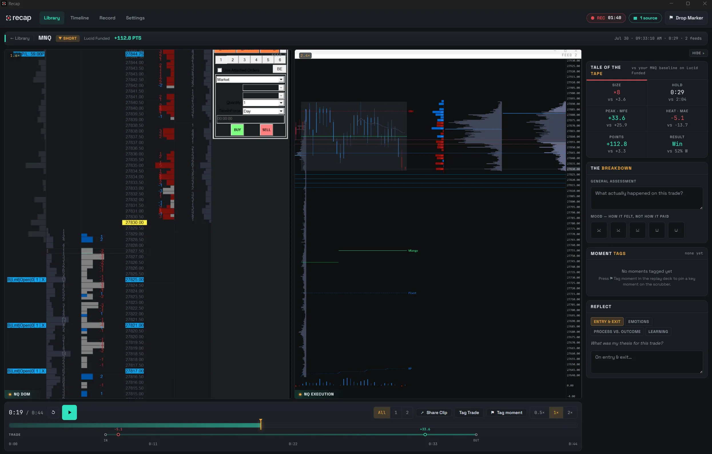 Recap Review workspace showing synchronized trade footage, trade details, and journal notes